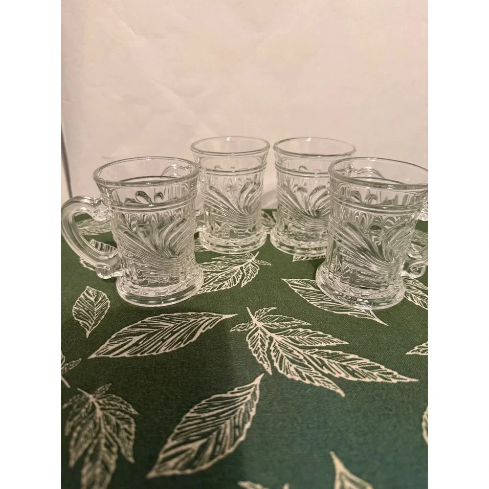 Vintage Clear Pressed Glass Shot Mugs Set of 4 Scroll Leaf Pattern Mini Tankards